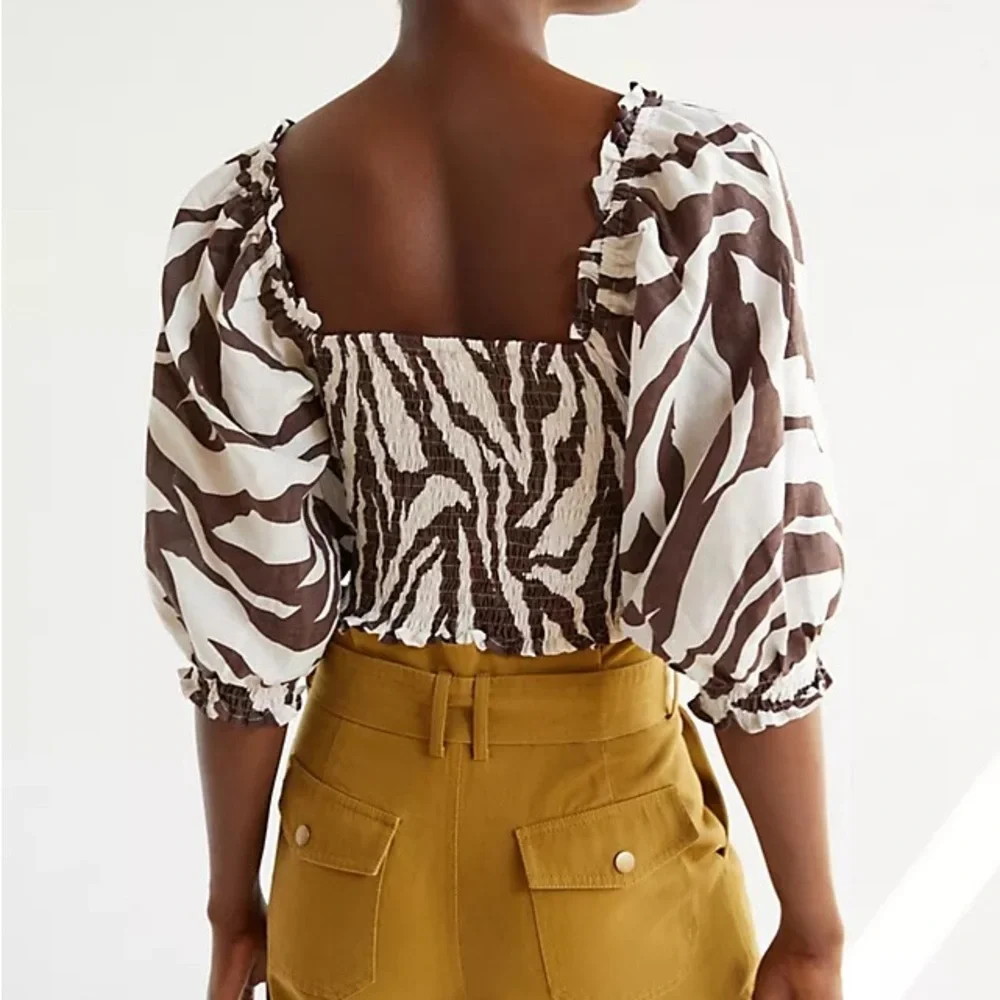 Faithfull The Brand Zebra Print Linen Crop Blouse Size 4